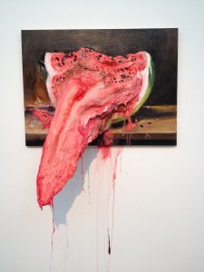 Valerie Hegarty, Watermelon Tongue, canvas, stretcher, acrylic paint, modeling paste, paper, glue, foil, gauze, glue, thread, 2012.