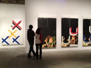 Wade Guyton, Untitled, 2006 (on right) and Untitled, 2008 (left of couple)