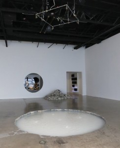Doug Aitken, installation view of ‘Sonic Fountain,’ basin with 5 underwater microphones, five computer controlled valves, pipes and rigging, 6 speakers, subwoofer, audio mixer, digital audio processor, custom valve controller, transformer, computer, monitor, water tanks, pump, hoses, cables, 2013.